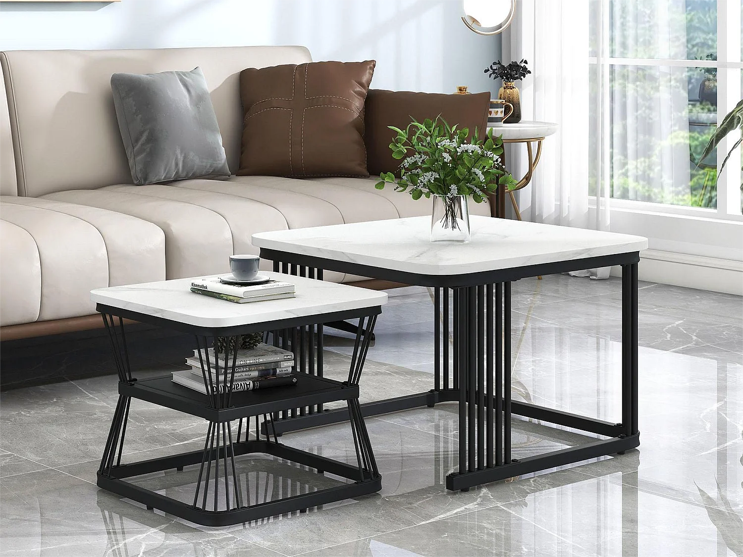 Lot de 2 tables basses gigognes avec étagère - table d'appoint avec placage marbré - pièds en métal - blanc et noir