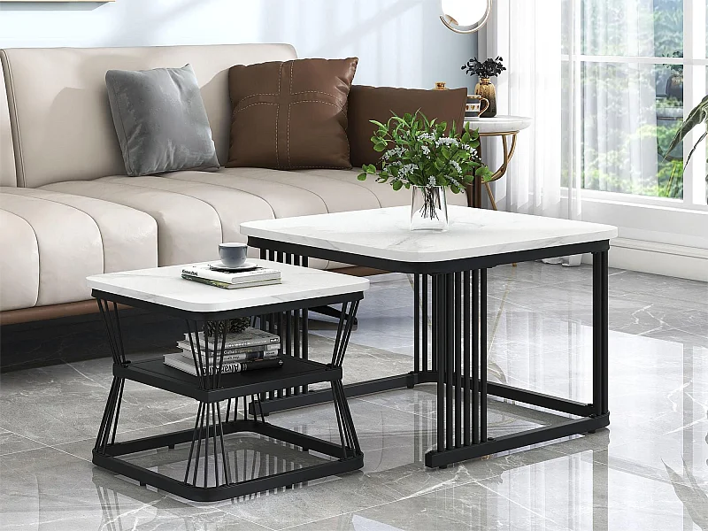 Lot de 2 tables basses gigognes avec étagère - table d'appoint avec placage marbré - pièds en métal - blanc et noir