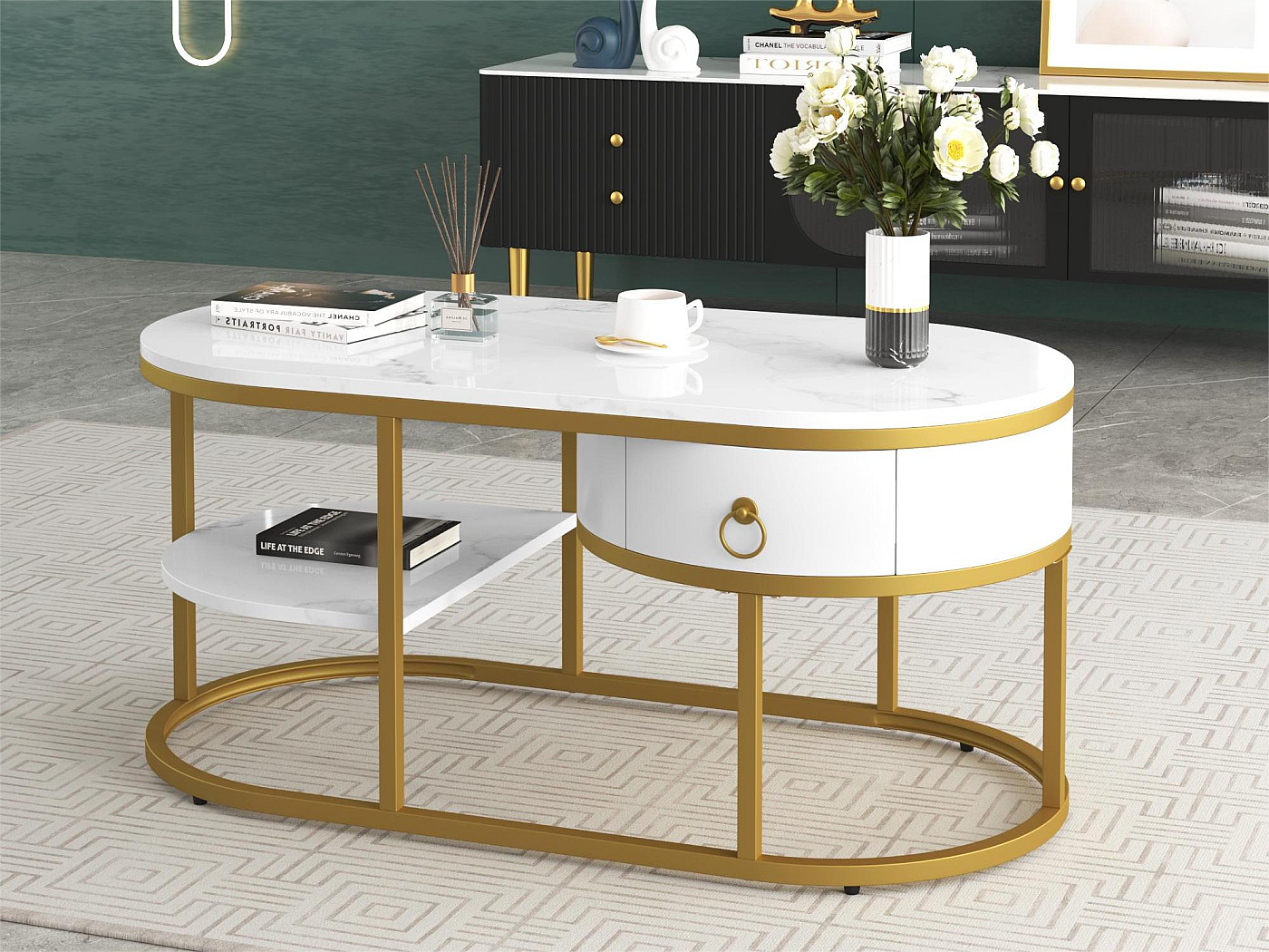 Set Van 2 Salontafels - Blad Met Marmerlook Sticker - Ronde Salontafel Met Metalen Frame