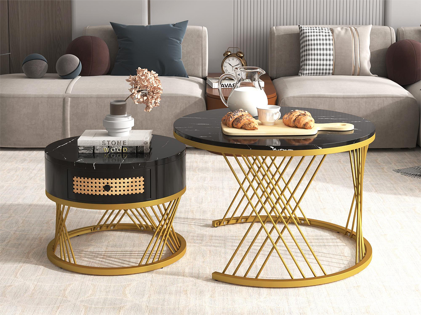 Lot de 2 tables gigognes - plateau en MDF à motif de marbre - structure en acier - Noir | Leroy