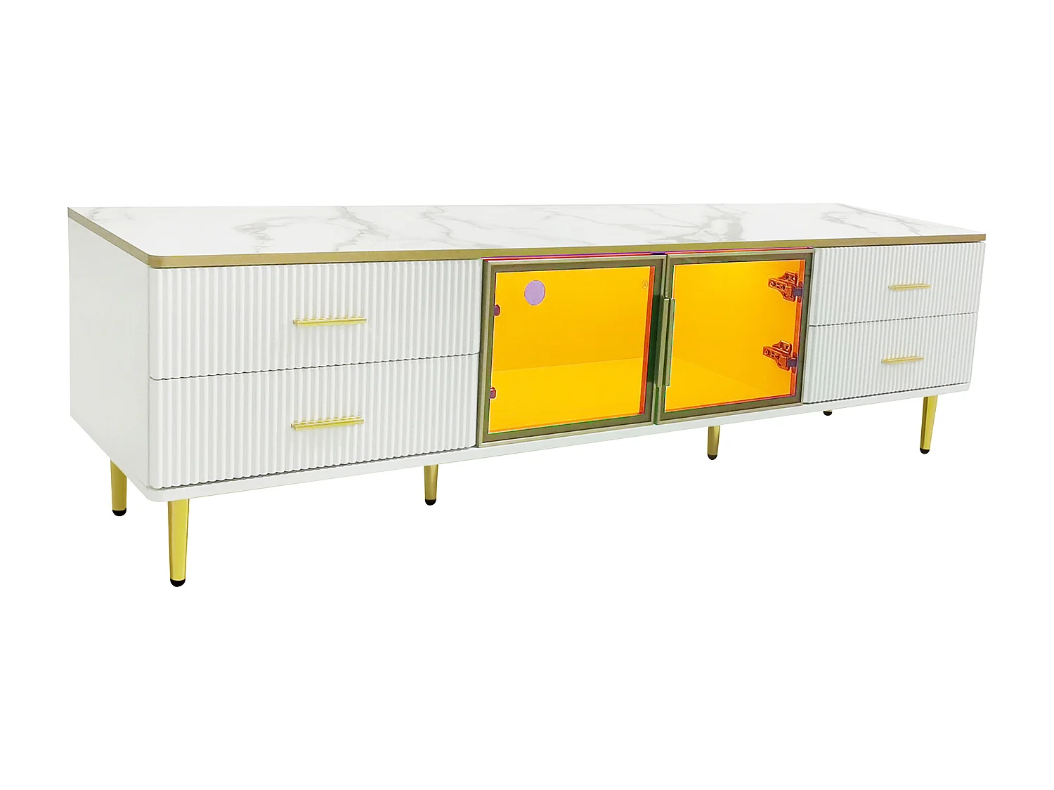 TV-Schrank für Wohnzimmer mit 2 Türen und 4 Schubladen – LEDs – Marmoroptik – braunes Glas und goldenes Metall – Weiß