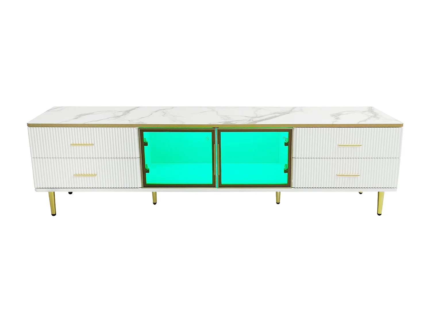 TV-Schrank für Wohnzimmer mit 2 Türen und 4 Schubladen – LEDs – Marmoroptik – braunes Glas und goldenes Metall – Weiß