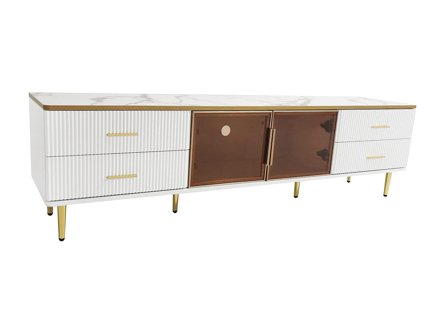 TV-Schrank für Wohnzimmer mit 2 Türen und 4 Schubladen – LEDs – Marmoroptik – braunes Glas und goldenes Metall – Weiß