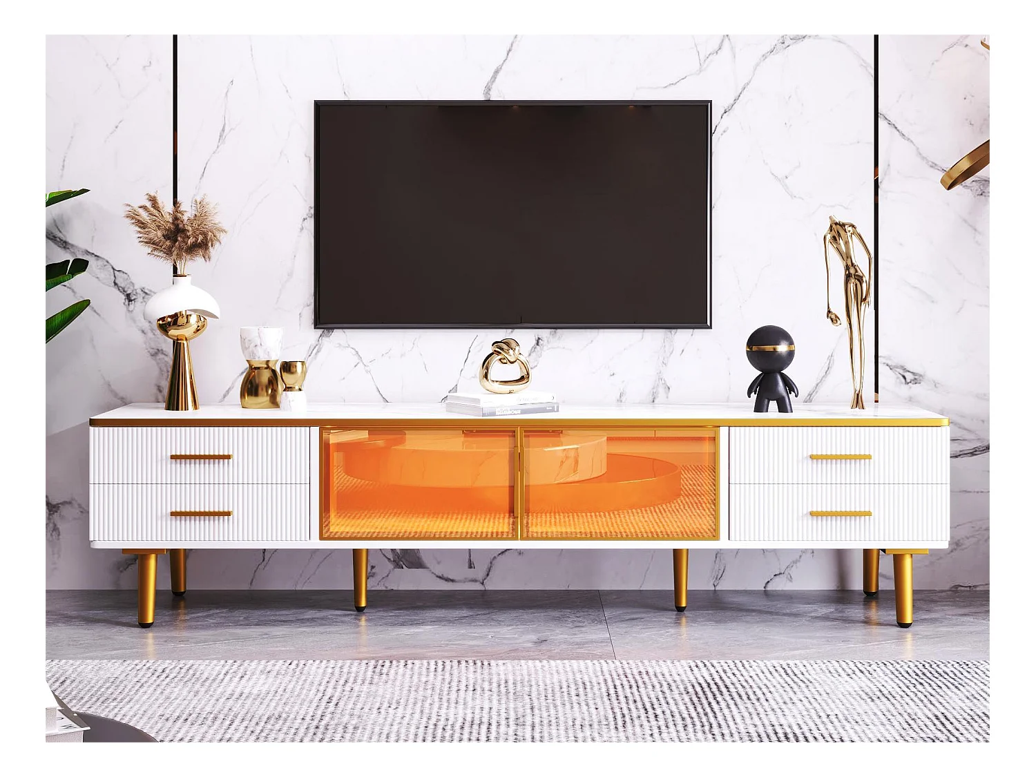 Meuble TV pour salon avec 2 portes et 4 tiroirs - LEDs - aspect marbre - verre marrons et métal doré - blanc