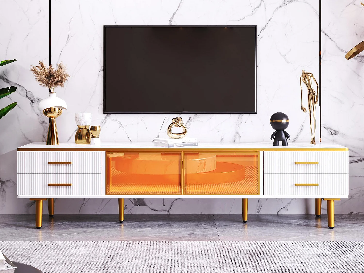 TV-Schrank für Wohnzimmer mit 2 Türen und 4 Schubladen – LEDs – Marmoroptik – braunes Glas und goldenes Metall – Weiß