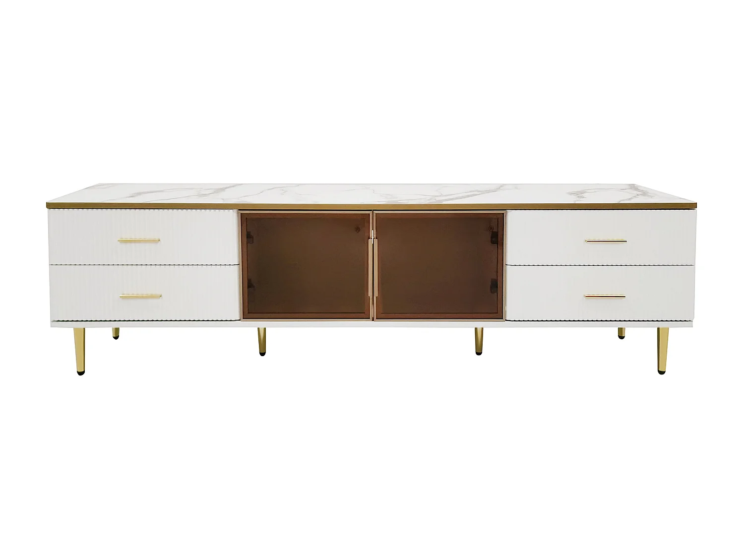 TV-Schrank für Wohnzimmer mit 2 Türen und 4 Schubladen – LEDs – Marmoroptik – braunes Glas und goldenes Metall – Weiß
