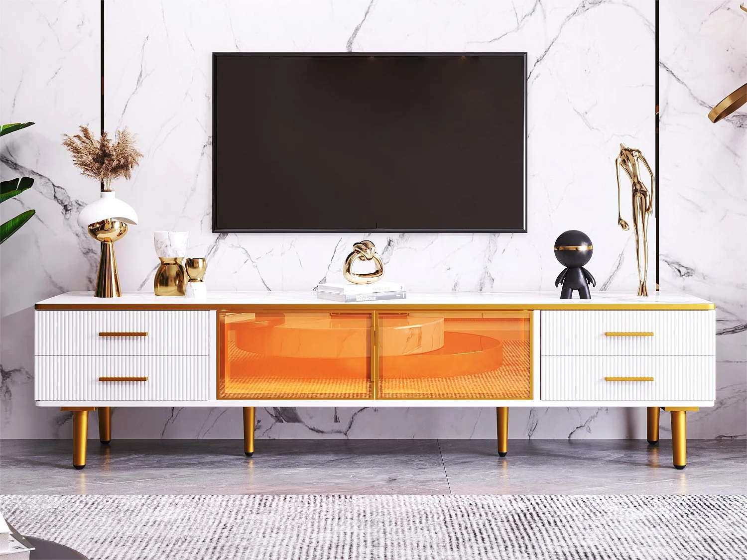 Szafka RTV do salonu z 2 drzwiami i 4 szufladami - diody LED - wygląd marmuru - brązowe szkło i złoty metal - biały
