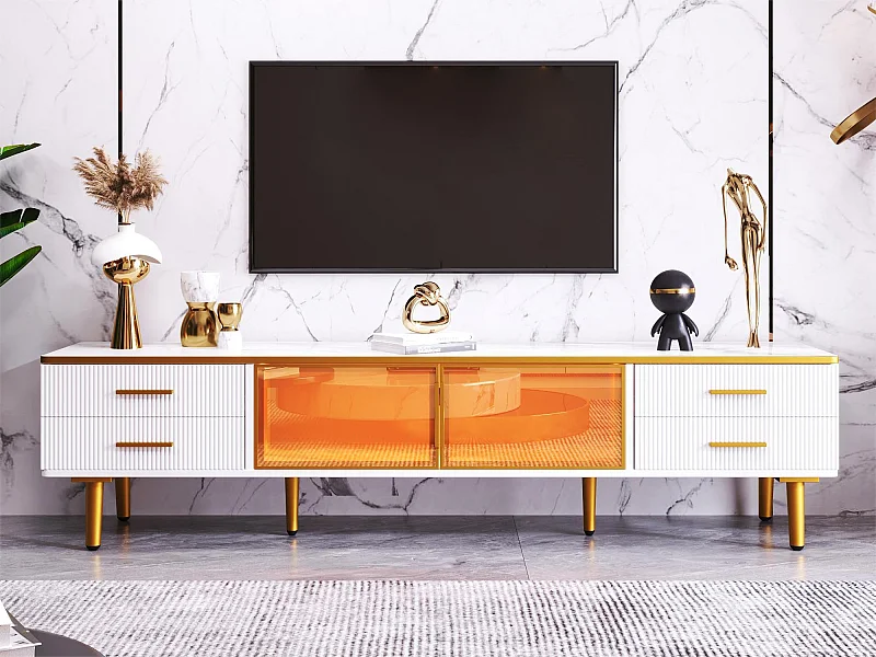 Meuble TV pour salon avec 2 portes et 4 tiroirs - LEDs - aspect marbre - verre marrons et métal doré - blanc
