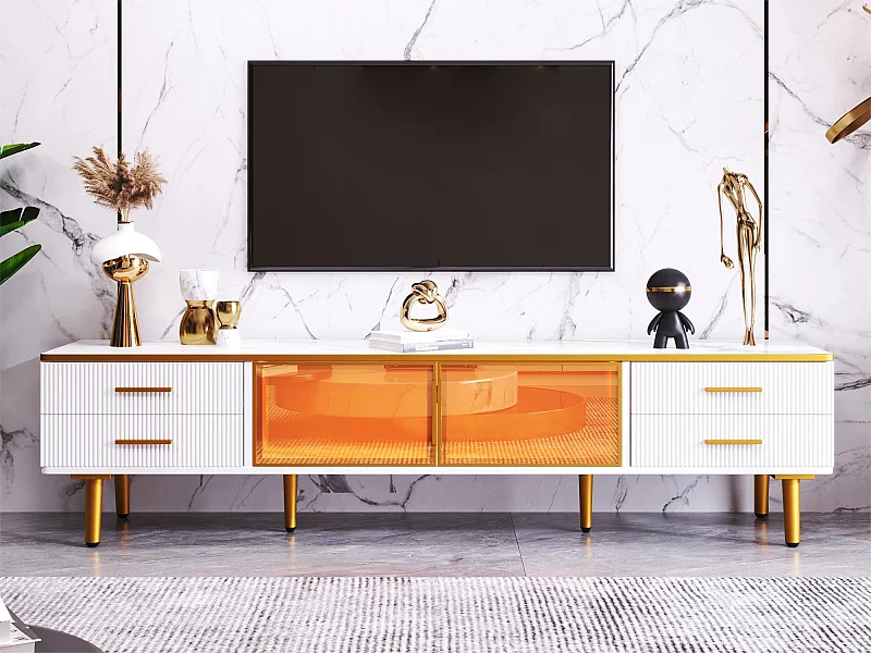 Meuble TV pour salon avec 2 portes et 4 tiroirs - LEDs - aspect marbre - verre marrons et métal doré - blanc