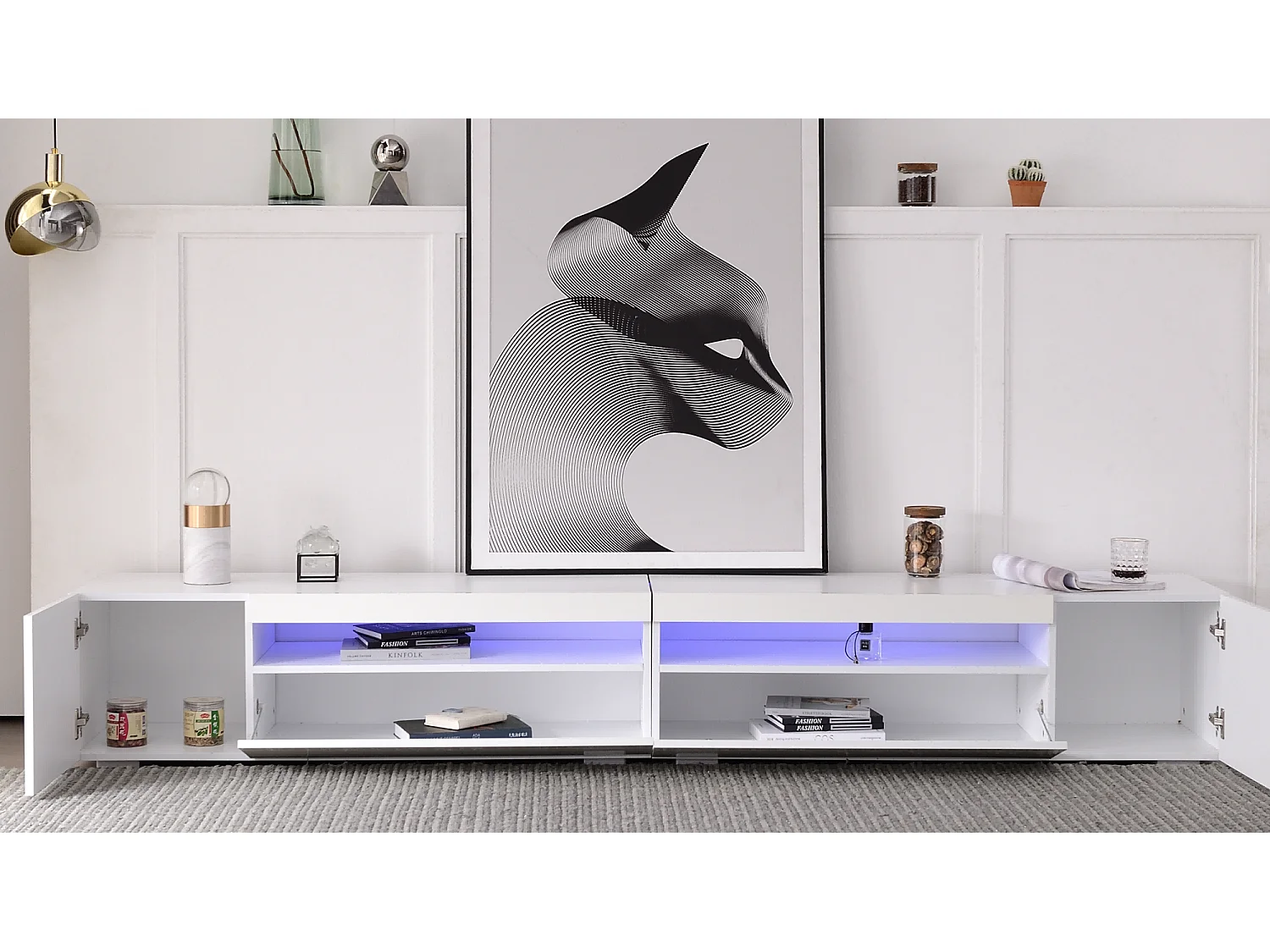 Meuble TV moderne avec 4 portes et 2 niches - LEDs - Longueur 240cm - bois MDF - Coloris blanc