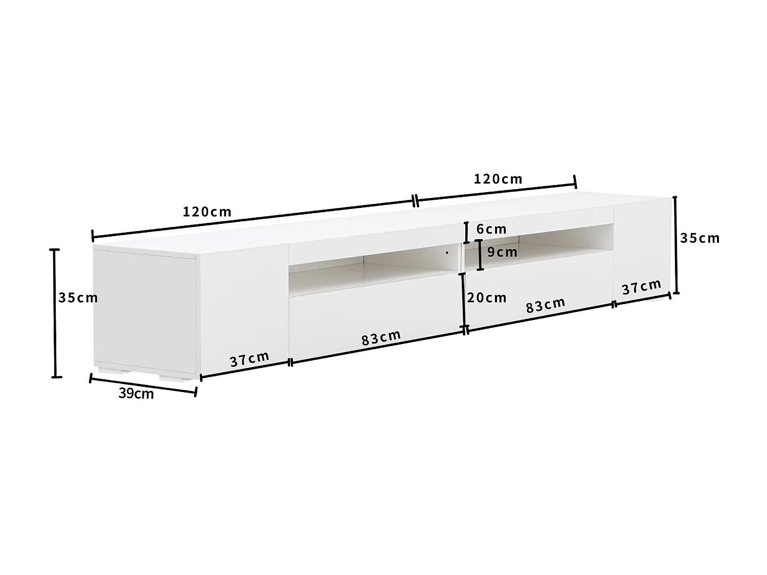 Meuble TV moderne avec 4 portes et 2 niches - LEDs - Longueur 240cm - bois MDF - Coloris blanc