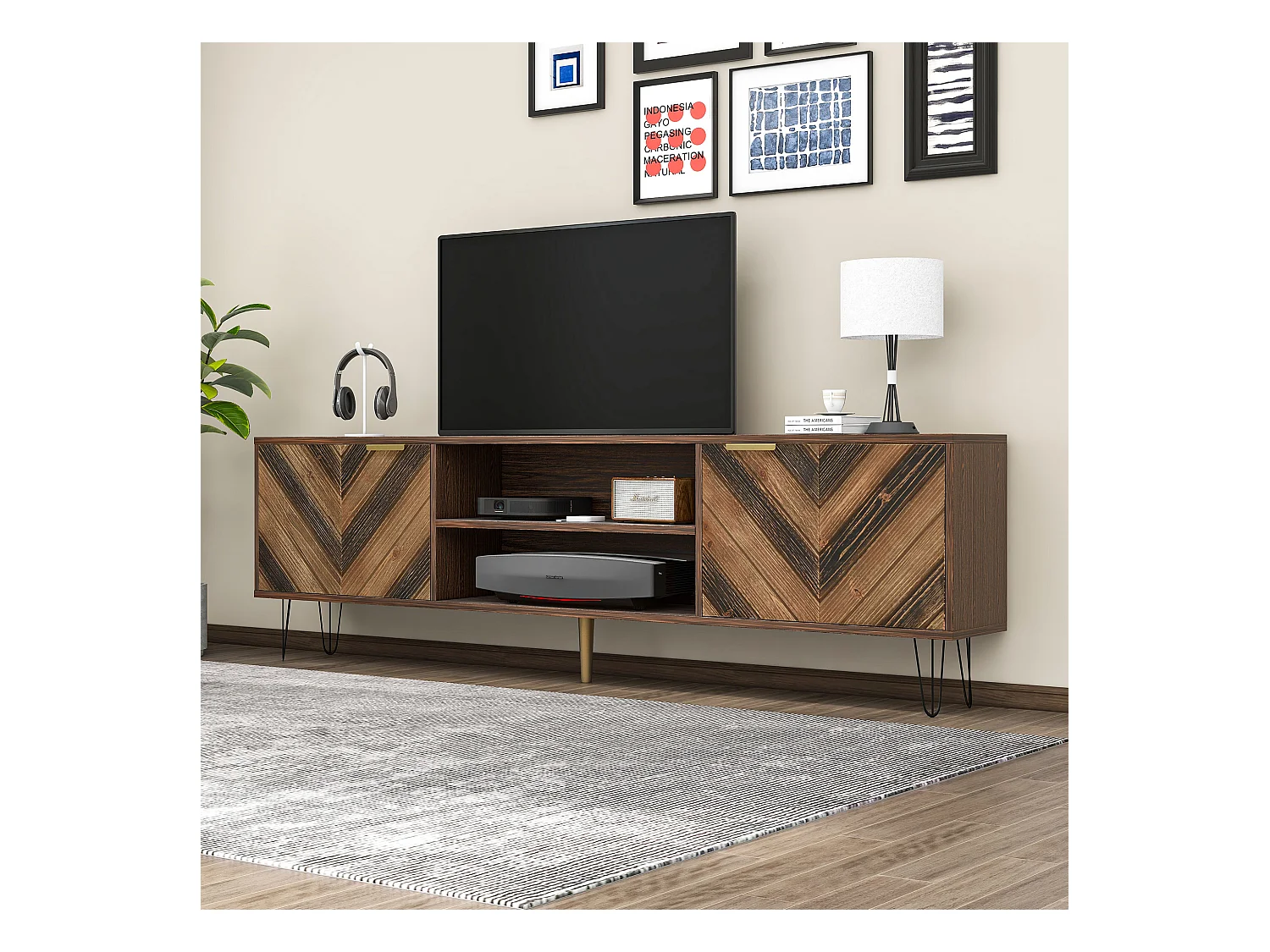 Meuble TV avec 2 portes et 2 niches - Bois panneaux de particules - Pieds en fer - coloris naturel