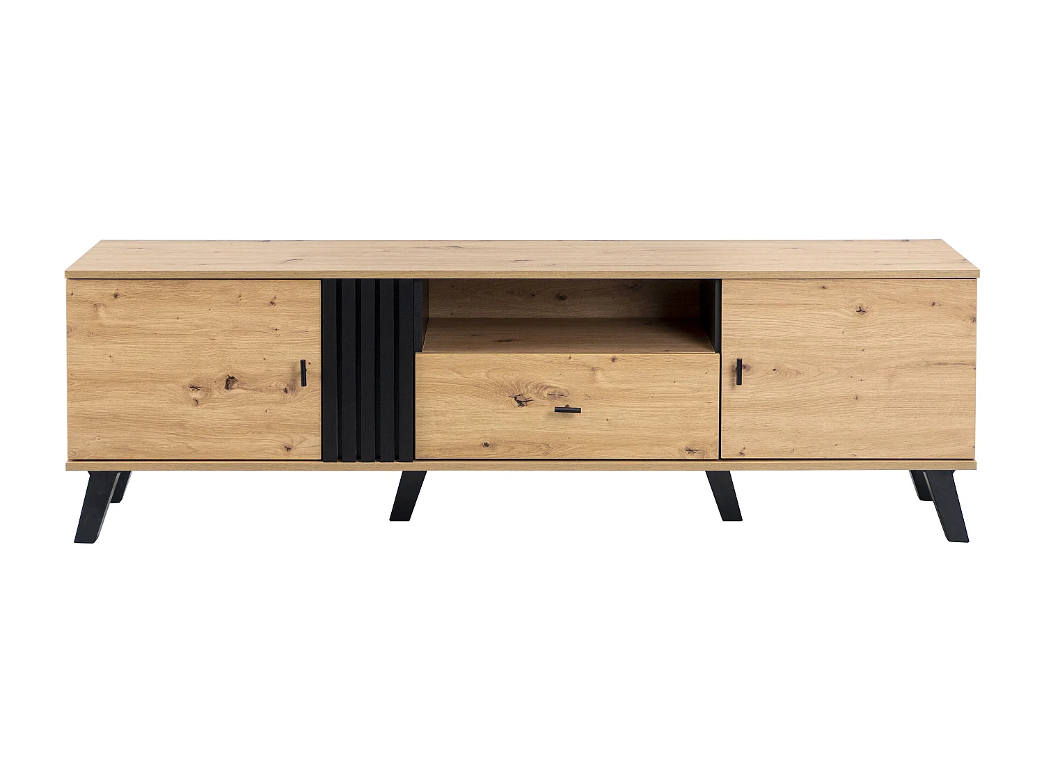 170 cm TV-Möbel mit 2 Türen und 1 Schublade – Spanplatte – Farben: Schwarz und Naturholz