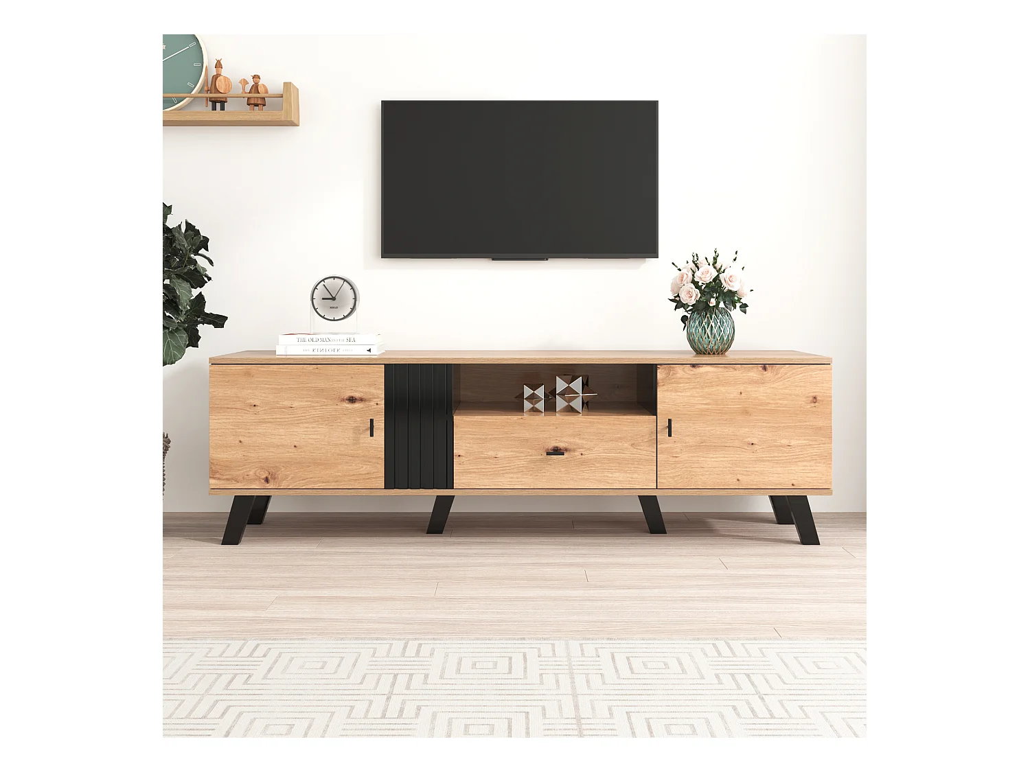 Meuble TV 170 cm avec 2 portes et 1 tiroir - panneaux de particules - coloris: noir et bois naturel