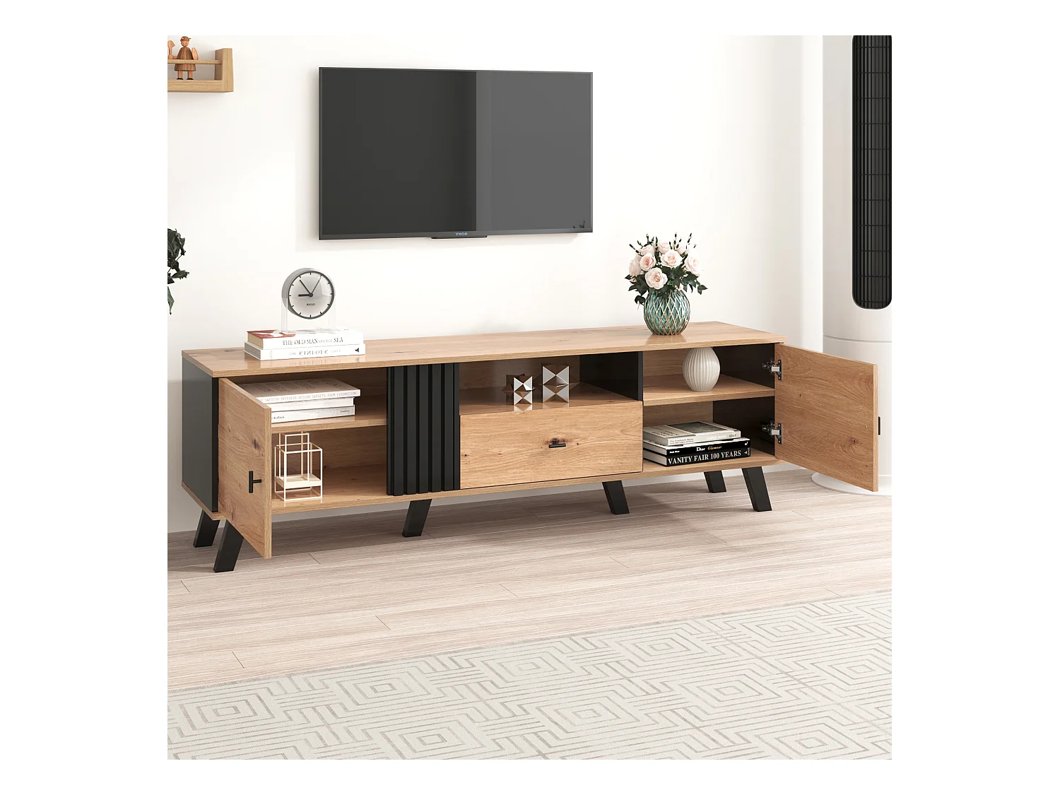 TV-meubel 170 cm met 2 deuren en 1 lade - spaanplaat - kleuren: zwart en natuurlijk hout