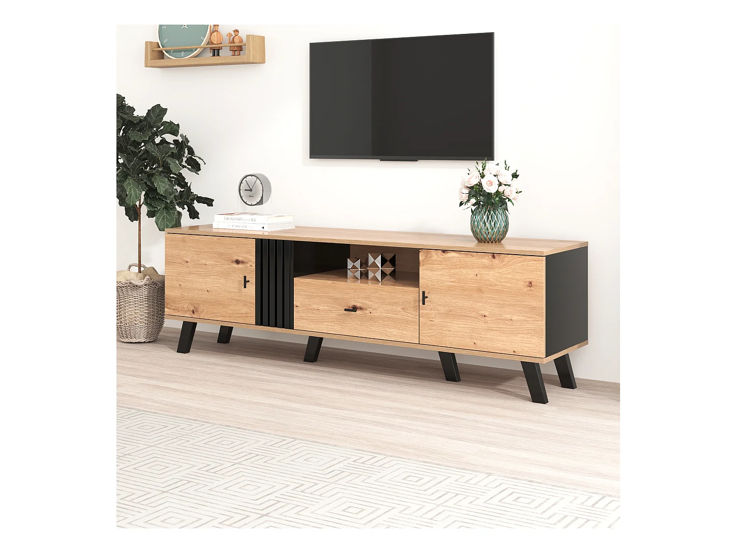 TV-meubel 170 cm met 2 deuren en 1 lade - spaanplaat - kleuren: zwart en natuurlijk hout