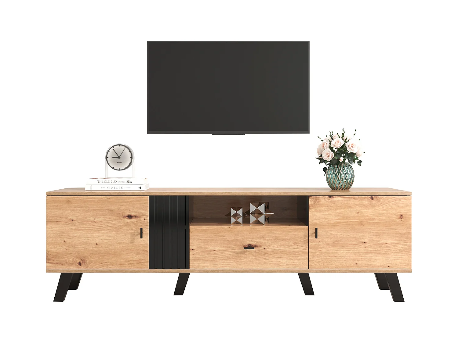 TV-meubel 170 cm met 2 deuren en 1 lade - spaanplaat - kleuren: zwart en natuurlijk hout