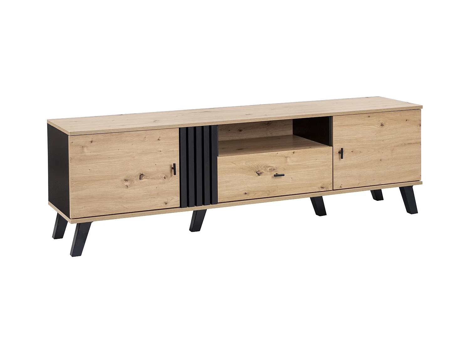 TV-meubel 170 cm met 2 deuren en 1 lade - spaanplaat - kleuren: zwart en natuurlijk hout