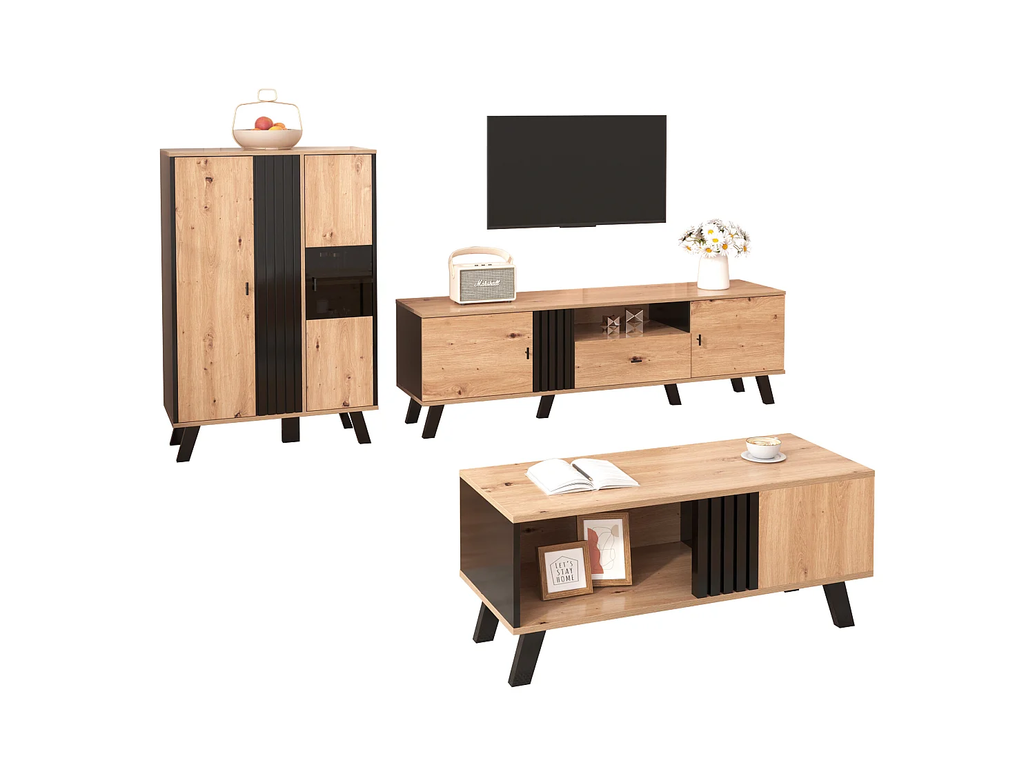 TV-meubel 170 cm met 2 deuren en 1 lade - spaanplaat - kleuren: zwart en natuurlijk hout