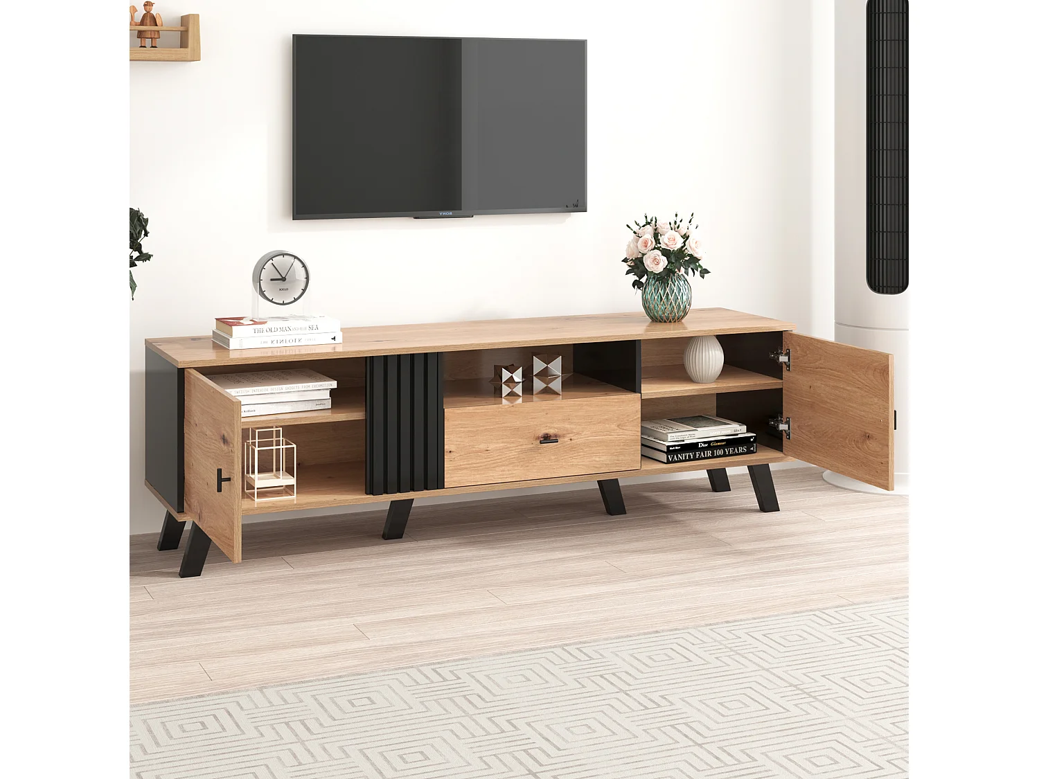 Meuble TV 170 cm avec 2 portes et 1 tiroir - panneaux de particules - coloris: noir et bois naturel