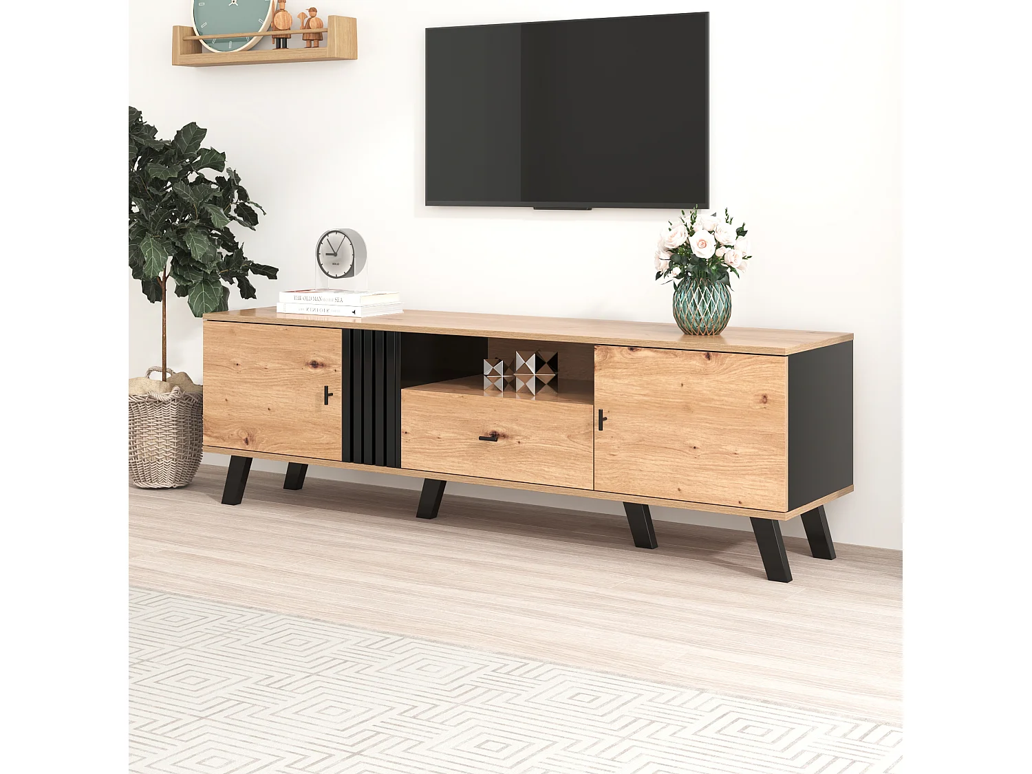 Meuble TV 170 cm avec 2 portes et 1 tiroir - panneaux de particules - coloris: noir et bois naturel