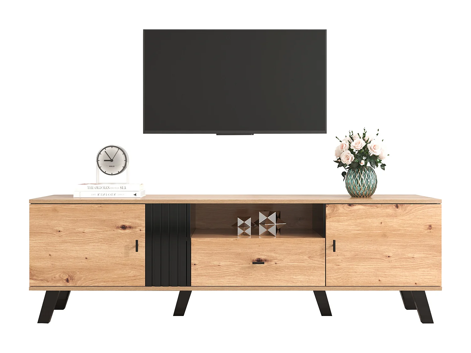 Meuble TV 170 cm avec 2 portes et 1 tiroir - panneaux de particules - coloris: noir et bois naturel