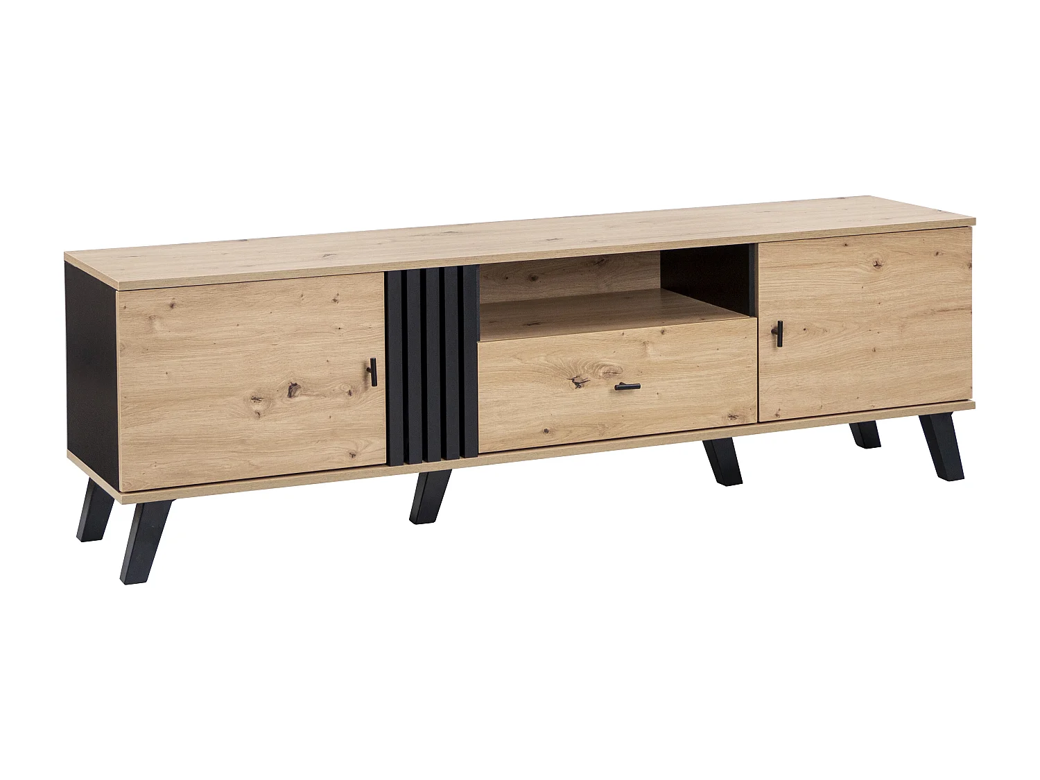 Meuble TV 170 cm avec 2 portes et 1 tiroir - panneaux de particules - coloris: noir et bois naturel