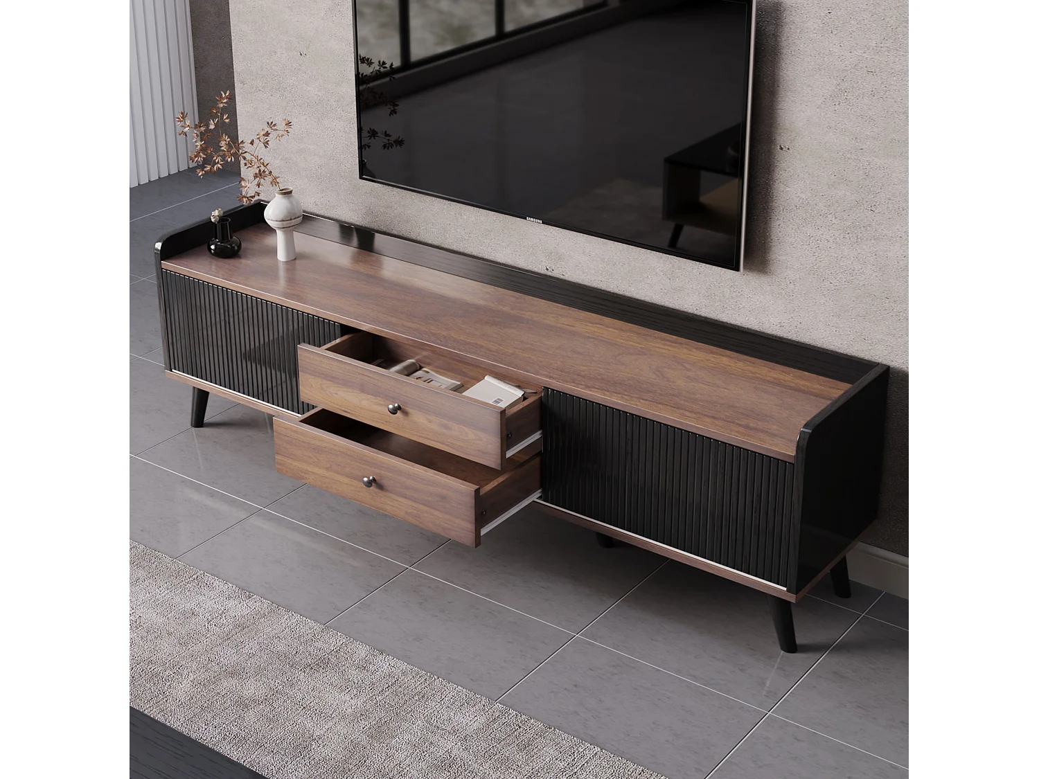 TV-meubel met 2 lades en 2 schuifdeuren - moderne stijl - kleuren: zwart en naturel