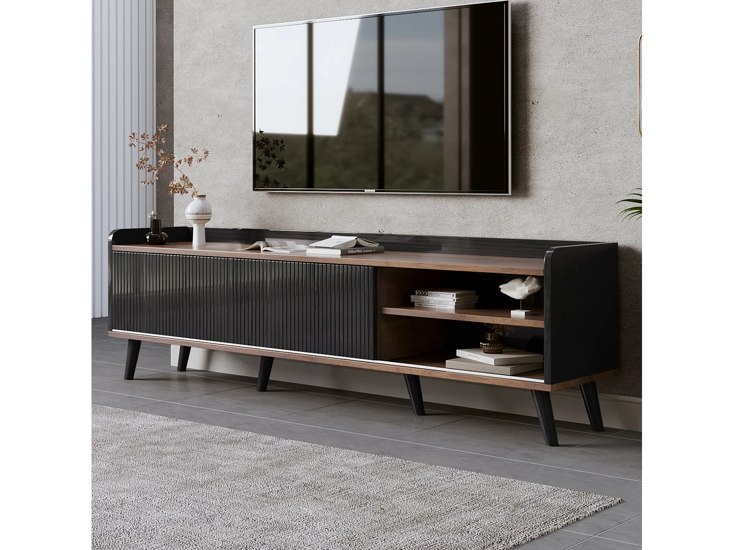 TV-meubel met 2 lades en 2 schuifdeuren - moderne stijl - kleuren: zwart en naturel