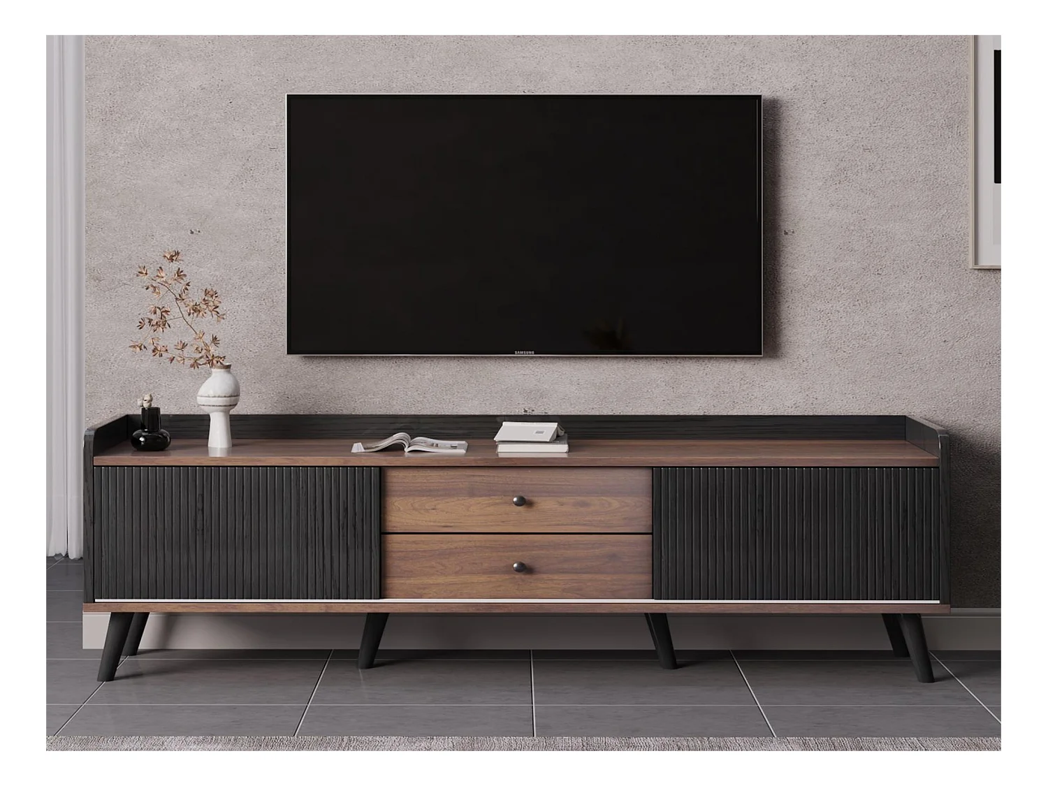 Meuble TV avec 2 tiroirs et 2 portes coulissantes - style moderne - coloris: noir et naturel