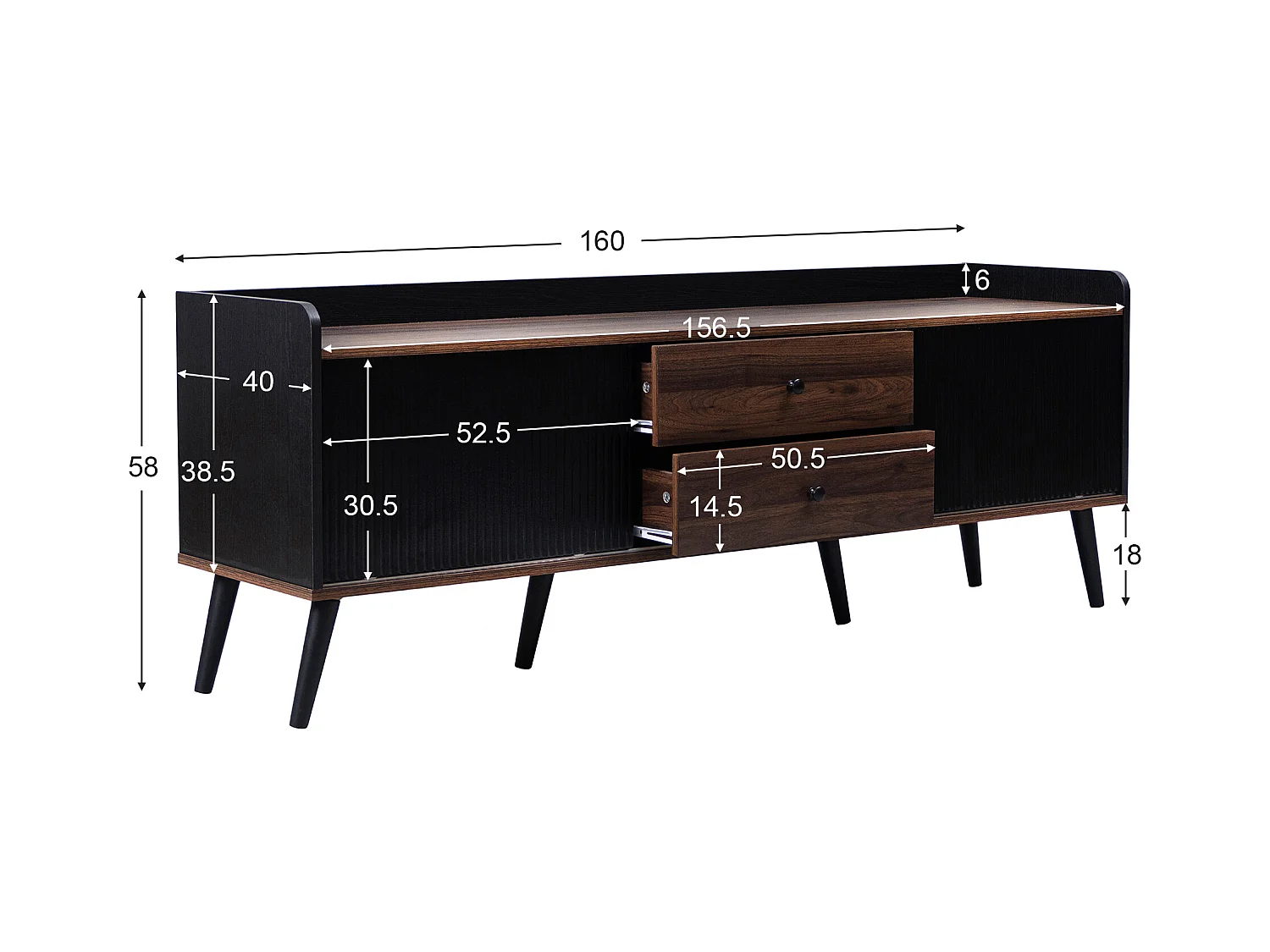 Meuble TV avec 2 tiroirs et 2 portes coulissantes - style moderne - coloris: noir et naturel