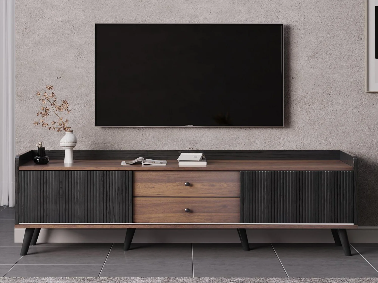 TV-meubel met 2 lades en 2 schuifdeuren - moderne stijl - kleuren: zwart en naturel