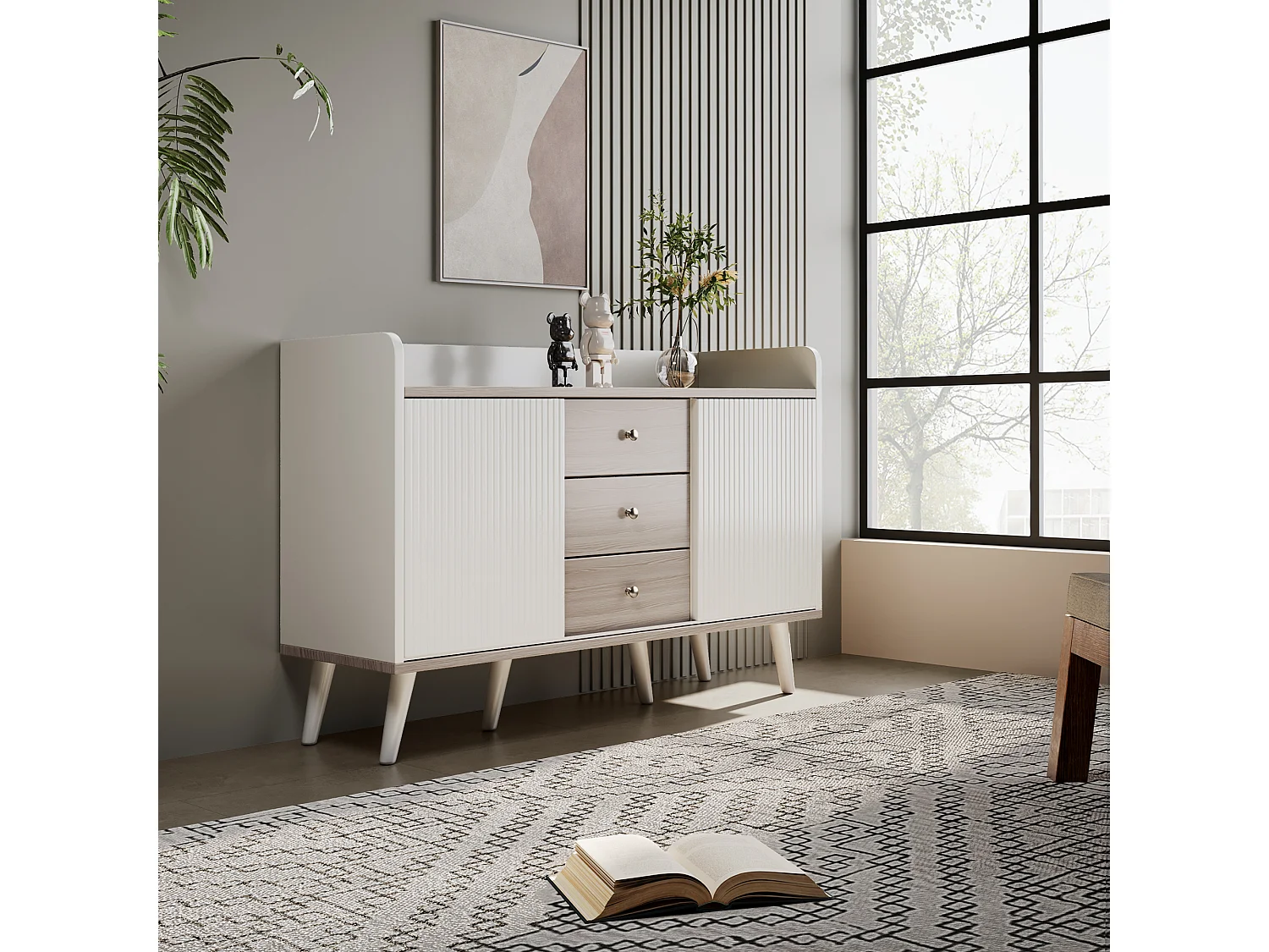 Meuble TV moderne avec 3 portes et 2 niches - LEDs - bois MDF et verre - coloris chêne et blanc