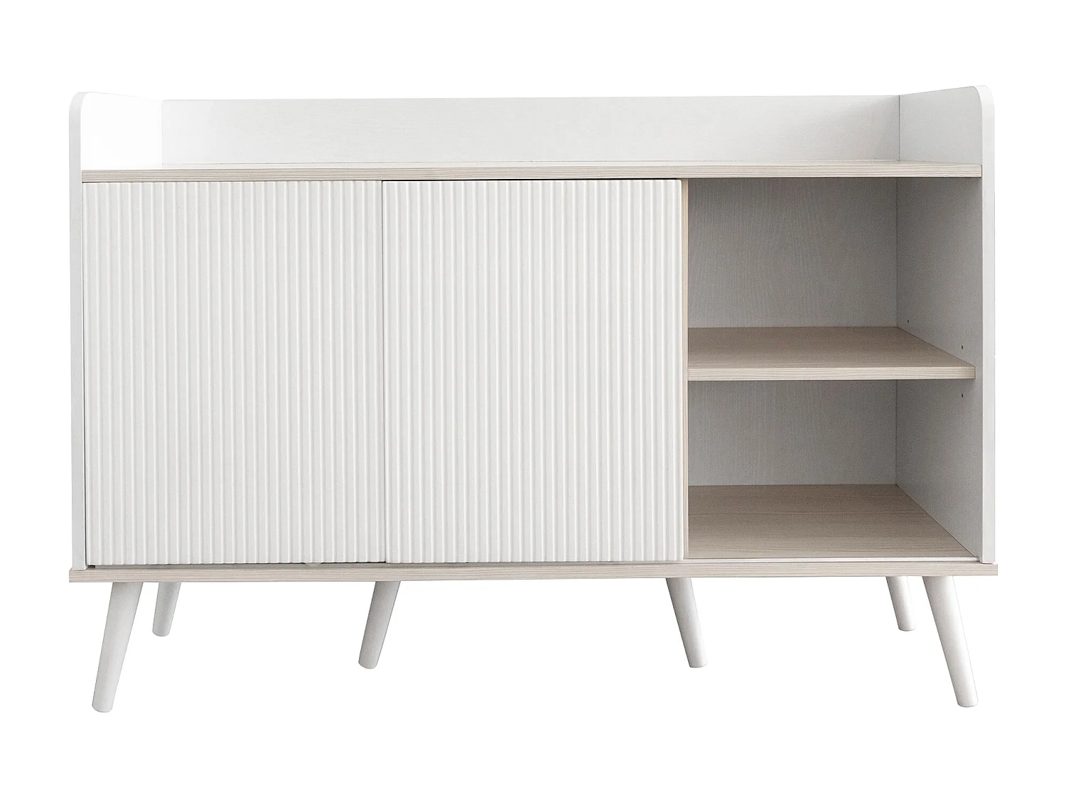 Meuble TV moderne avec 3 portes et 2 niches - LEDs - bois MDF et verre - coloris chêne et blanc