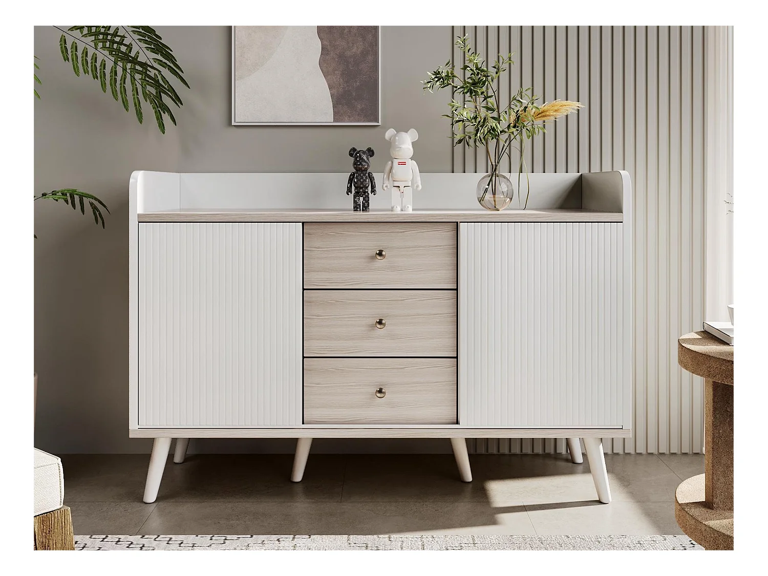 Meuble TV moderne avec 3 portes et 2 niches - LEDs - bois MDF et verre - coloris chêne et blanc