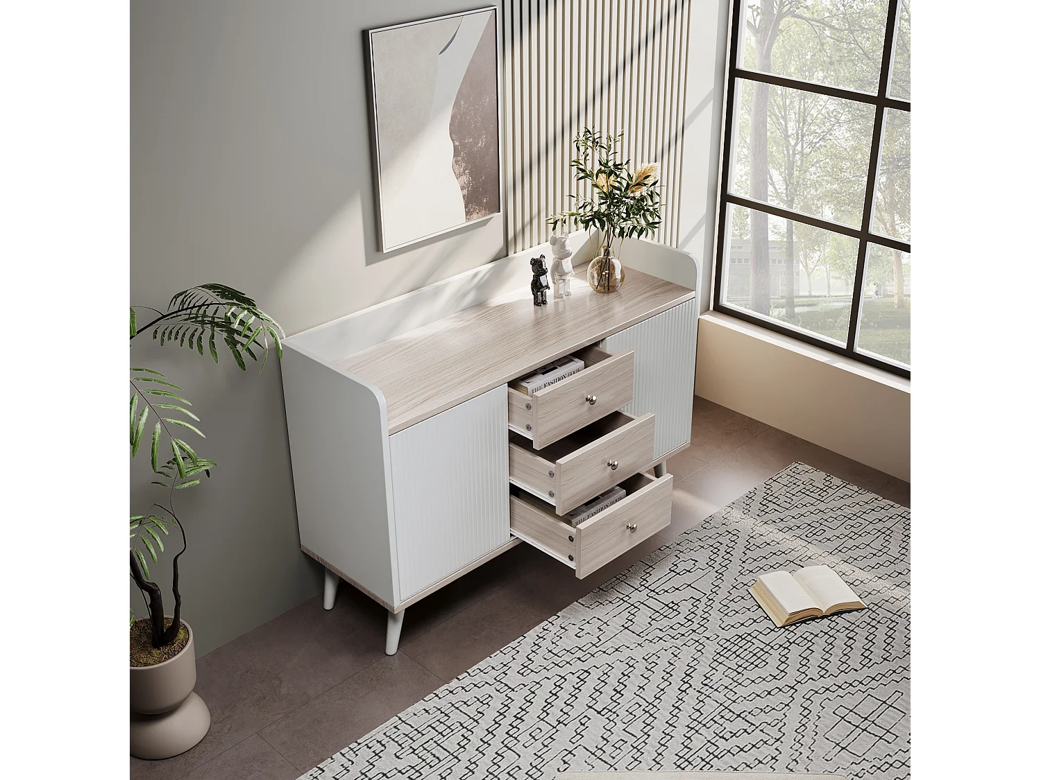 Meuble TV moderne avec 3 portes et 2 niches - LEDs - bois MDF et verre - coloris chêne et blanc