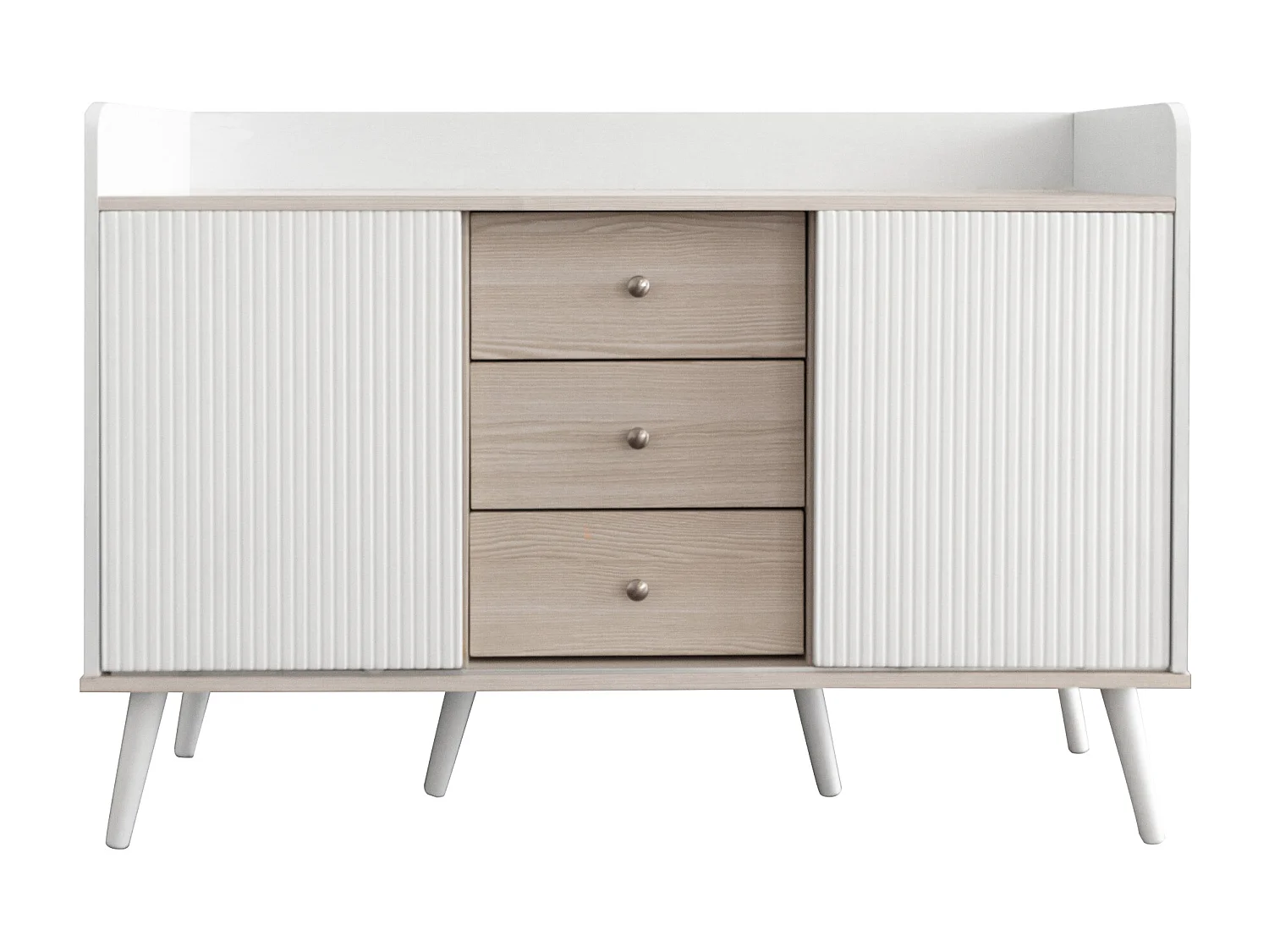 Meuble TV moderne avec 3 portes et 2 niches - LEDs - bois MDF et verre - coloris chêne et blanc