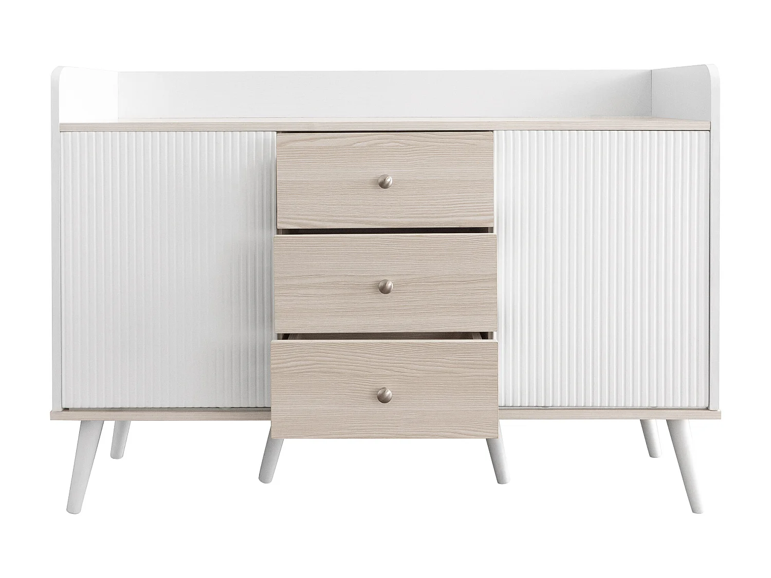Meuble TV moderne avec 3 portes et 2 niches - LEDs - bois MDF et verre - coloris chêne et blanc