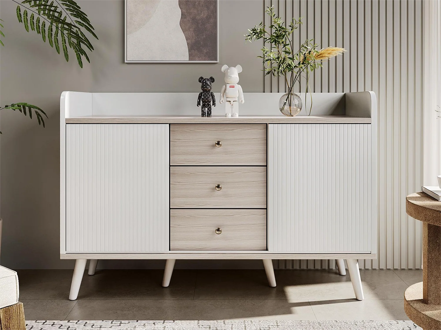 Meuble TV moderne avec 3 portes et 2 niches - LEDs - bois MDF et verre - coloris chêne et blanc