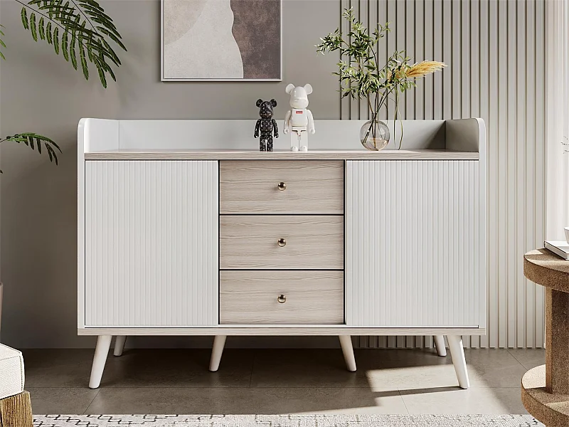 Meuble TV moderne avec 3 portes et 2 niches - LEDs - bois MDF et verre - coloris chêne et blanc