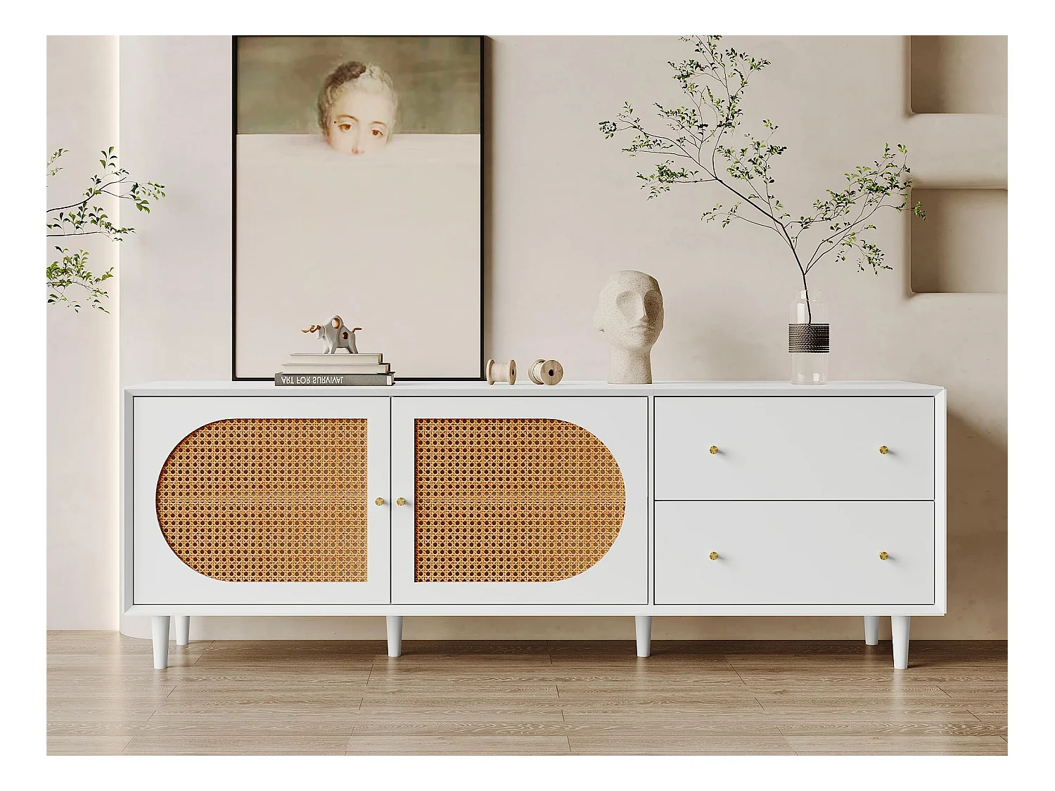 Meuble TV moderne avec 2 tiroirs 2 portes - décor rotin - piès en bois - blanc et naturel