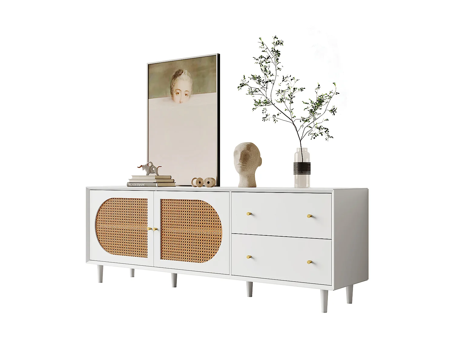 Meuble TV moderne avec 2 tiroirs 2 portes - décor rotin - piès en bois - blanc et naturel