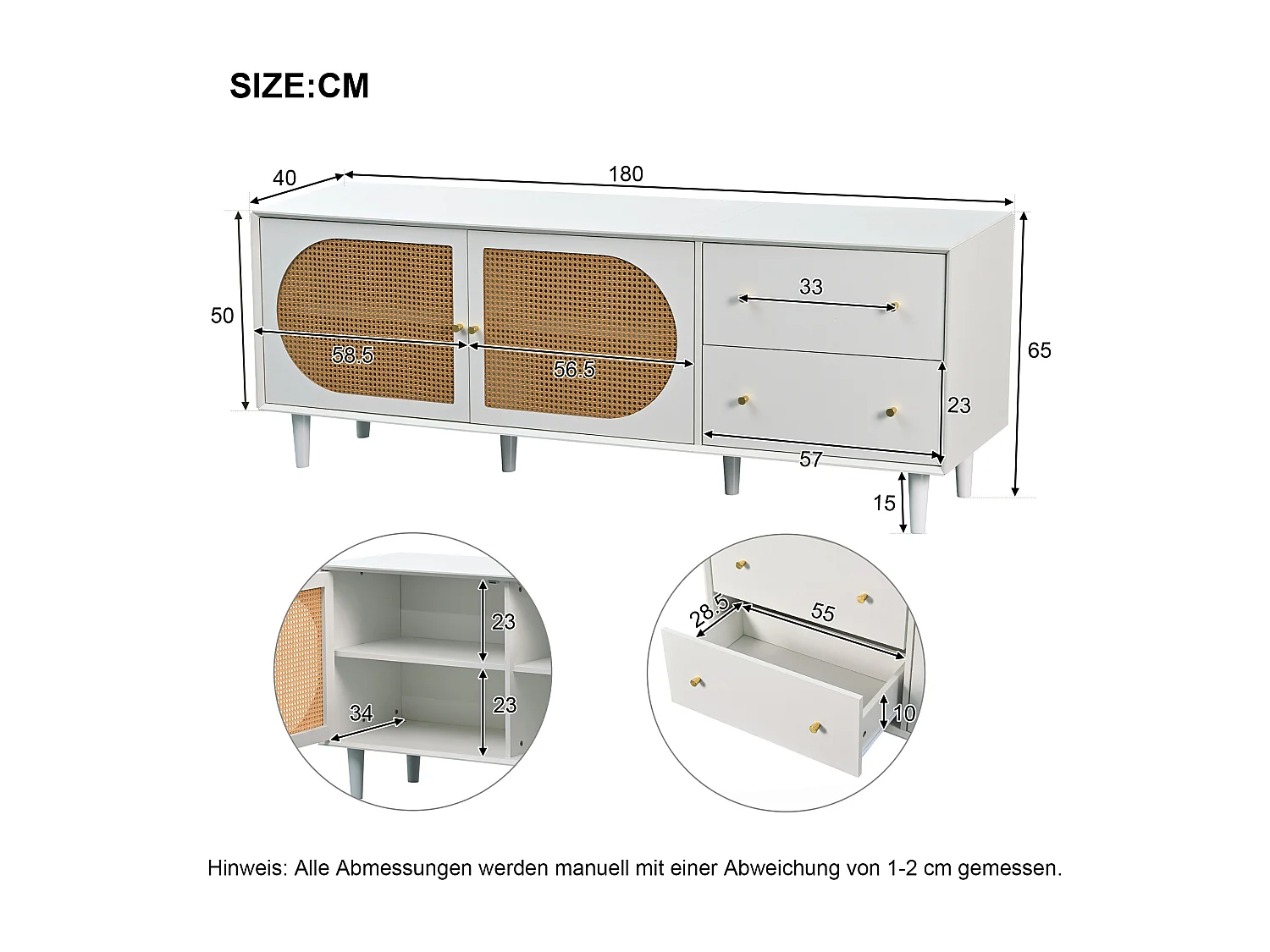 Móvel de TV moderno com 2 gavetas e 2 portas - decoração em rattan - pernas de madeira - branco e natural