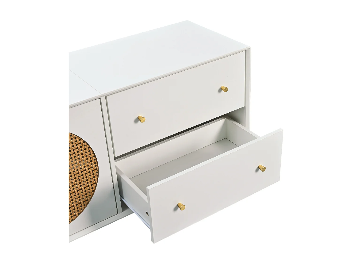 Móvel de TV moderno com 2 gavetas e 2 portas - decoração em rattan - pernas de madeira - branco e natural