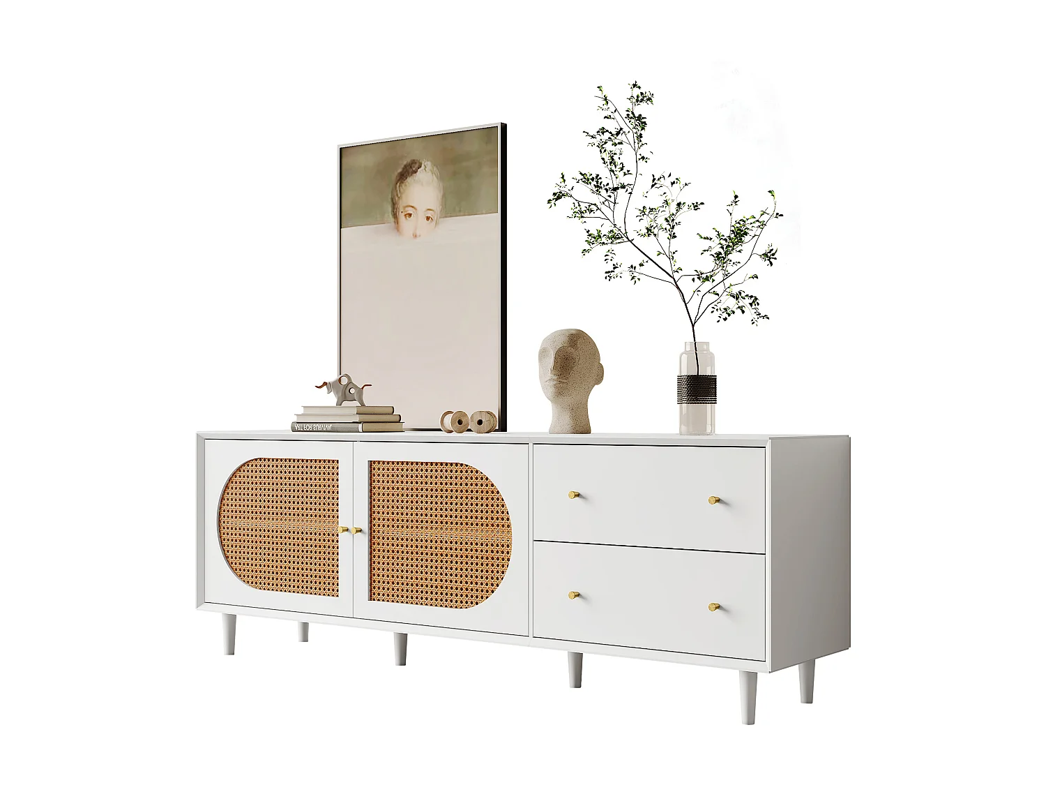 Móvel de TV moderno com 2 gavetas e 2 portas - decoração em rattan - pernas de madeira - branco e natural