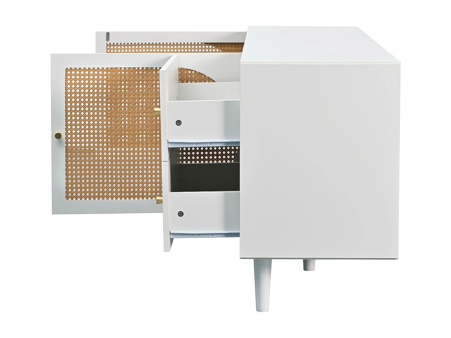 Móvel de TV moderno com 2 gavetas e 2 portas - decoração em rattan - pernas de madeira - branco e natural