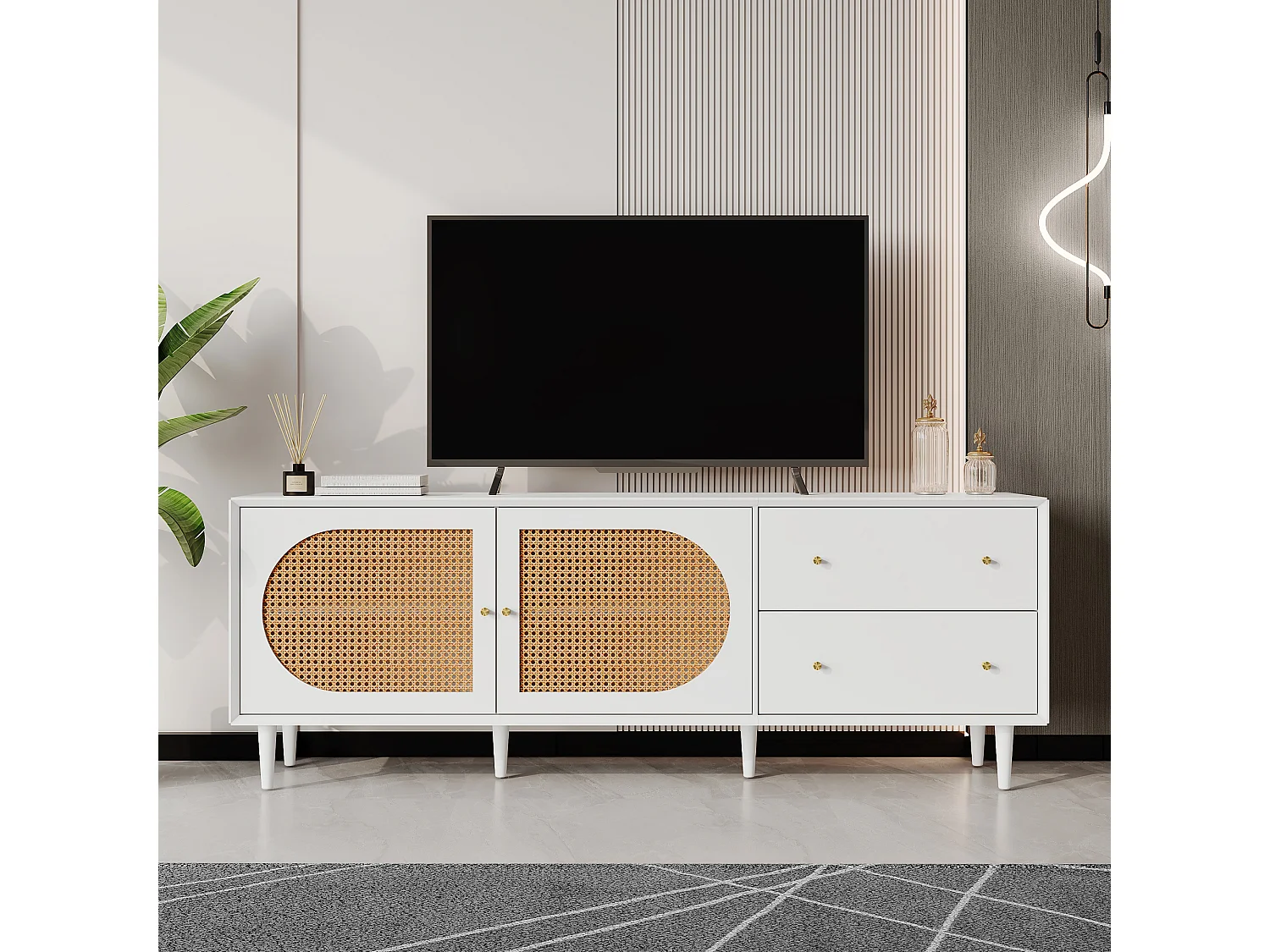 Móvel de TV moderno com 2 gavetas e 2 portas - decoração em rattan - pernas de madeira - branco e natural