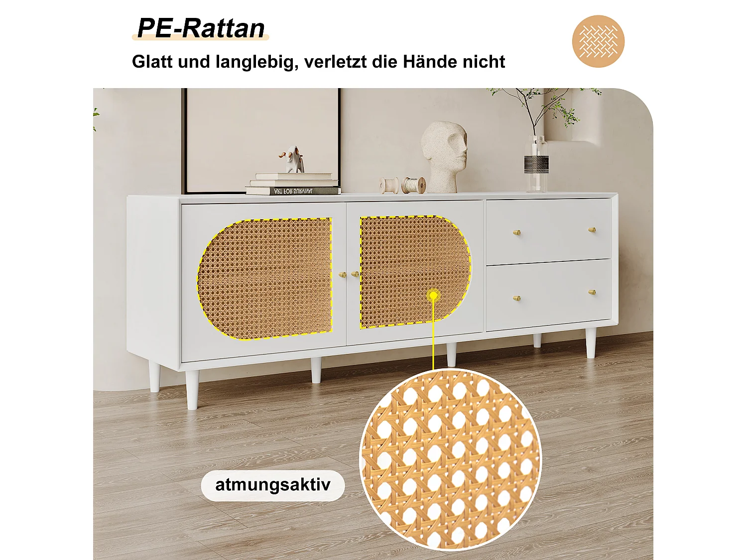 Móvel de TV moderno com 2 gavetas e 2 portas - decoração em rattan - pernas de madeira - branco e natural