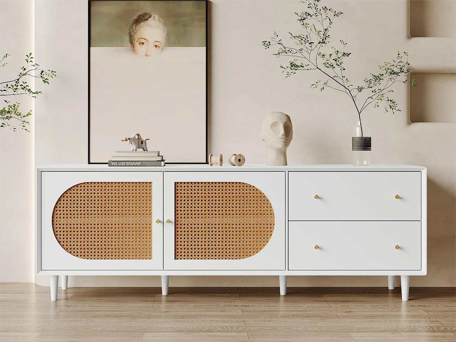 Móvel de TV moderno com 2 gavetas e 2 portas - decoração em rattan - pernas de madeira - branco e natural