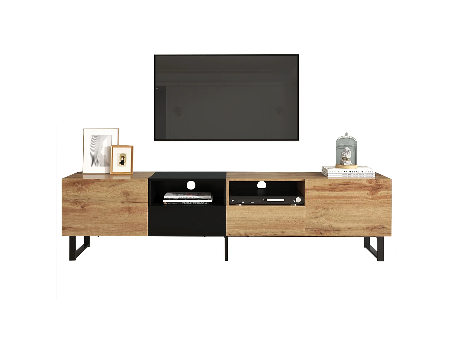 TV-Schrank mit 2 Türen, 2 Schubladen und 2 Nischen – Holzoptik – MDF-Holz und goldenes Metall – Farben: Eiche und Schwarz